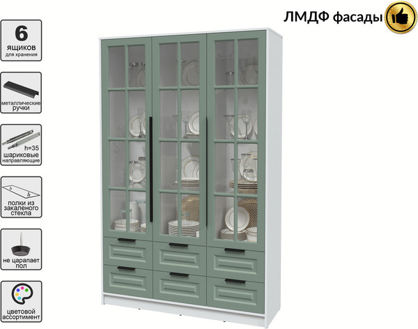 Изображение товара Шкаф с витриной Интерлиния Концепт КТ-ШВ3 Деко (белый платинум/мята)
