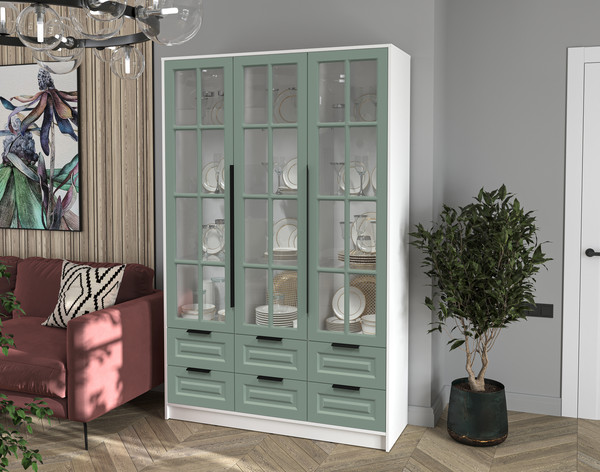 Изображение товара Шкаф с витриной Интерлиния Концепт КТ-ШВ3 Деко (белый платинум/мята)