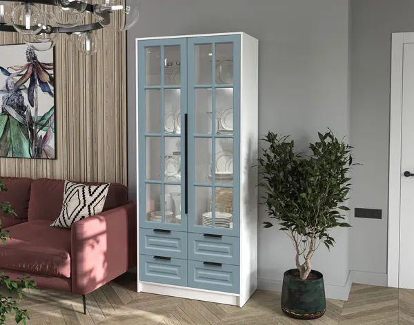 Изображение товара Шкаф с витриной Интерлиния Концепт КТ-ШВ2 с подсветкой Деко (белый платинум/океан)