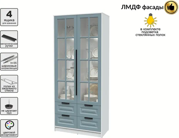 Изображение товара Шкаф с витриной Интерлиния Концепт КТ-ШВ2 с подсветкой Деко (белый платинум/океан)