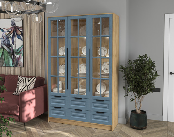 Изображение товара Шкаф с витриной Интерлиния Концепт КТ-ШВ3 с подсветкой Деко (дуб золотой/дуб лазурный)