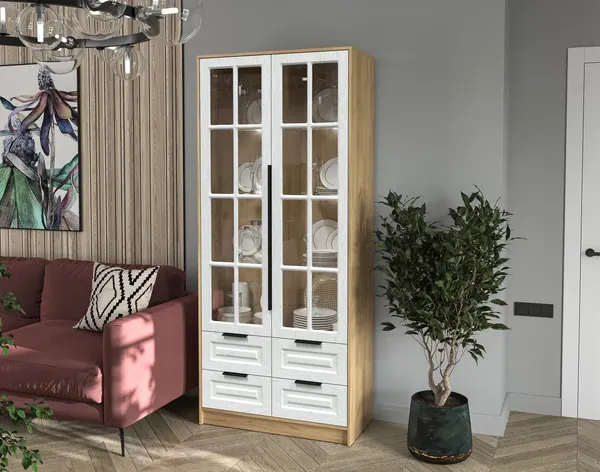 Изображение товара Шкаф с витриной Интерлиния  Концепт КТ-ШВ2 с подсветкой Деко (дуб золотой/дуб полярный)