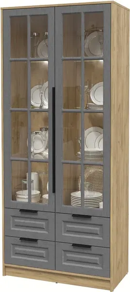 Изображение товара Шкаф с витриной Интерлиния Концепт КТ-ШВ2 с подсветкой Деко (дуб золотой/дуб серый)