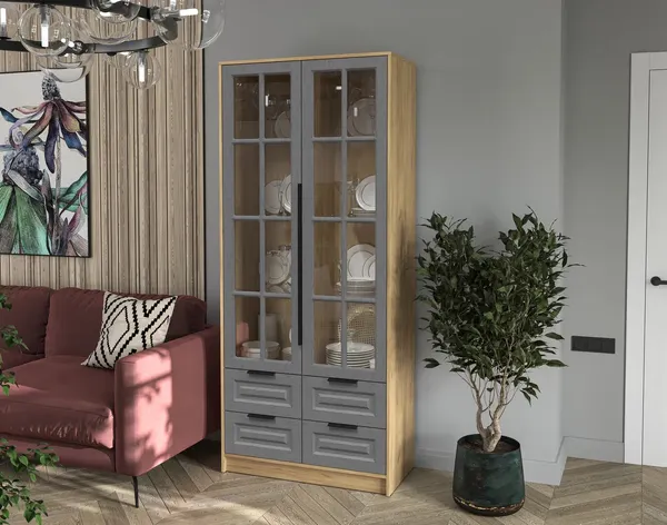 Изображение товара Шкаф с витриной Интерлиния  Концепт КТ-ШВ2 Деко (дуб золотой/дуб серый)