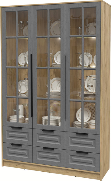 Изображение товара Шкаф с витриной Интерлиния Концепт КТ-ШВ3 с подсветкой Деко (дуб золотой/дуб серый)