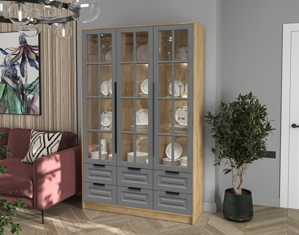 Изображение товара Шкаф с витриной Интерлиния Концепт КТ-ШВ3 с подсветкой Деко (дуб золотой/дуб серый)