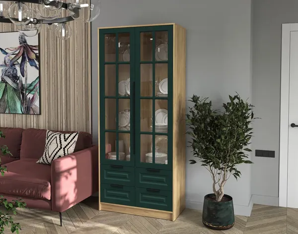 Изображение товара Шкаф с витриной Интерлиния  Концепт КТ-ШВ2 Деко (дуб золотой/изумруд)