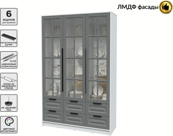 Изображение товара Шкаф с витриной Интерлиния Концепт КТ-ШВ3 Деко (белый платинум/серый)