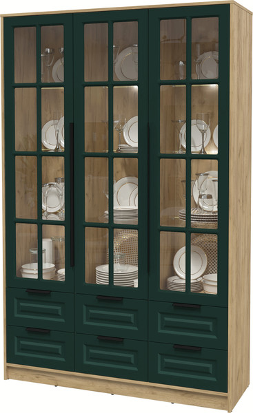 Изображение товара Шкаф с витриной Интерлиния Концепт КТ-ШВ3 с подсветкой Деко (дуб золотой/изумруд)
