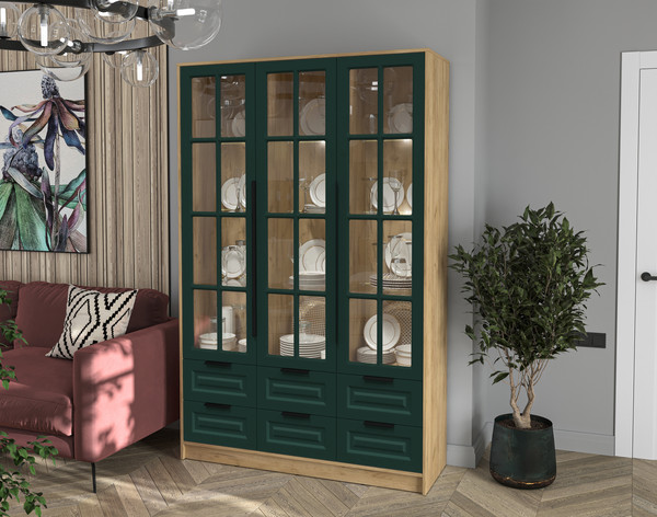 Изображение товара Шкаф с витриной Интерлиния Концепт КТ-ШВ3 с подсветкой Деко (дуб золотой/изумруд)