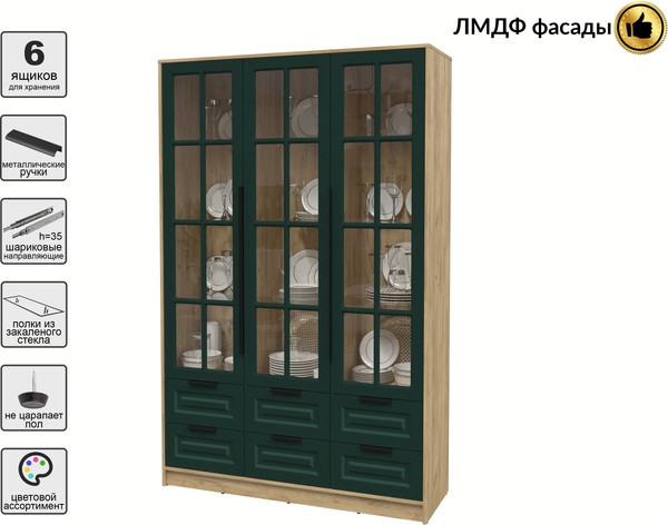 Изображение товара Шкаф с витриной Интерлиния Концепт КТ-ШВ3 Деко (дуб золотой/изумруд)