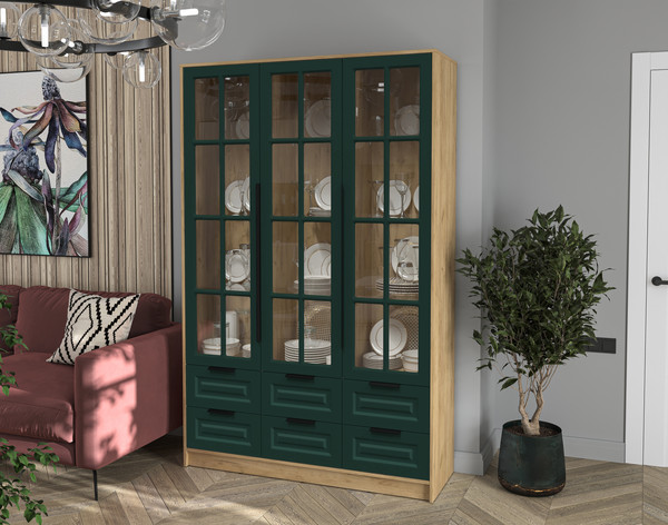 Изображение товара Шкаф с витриной Интерлиния Концепт КТ-ШВ3 Деко (дуб золотой/изумруд)
