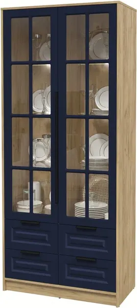 Изображение товара Шкаф с витриной Интерлиния Концепт КТ-ШВ2 с подсветкой Деко (дуб золотой/индиго)