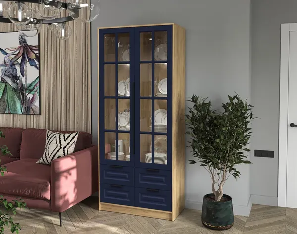 Изображение товара Шкаф с витриной Интерлиния Концепт КТ-ШВ2 с подсветкой Деко (дуб золотой/индиго)
