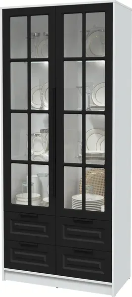 Изображение товара Шкаф с витриной Интерлиния Концепт КТ-ШВ2 с подсветкой Деко (белый платинум/черный)