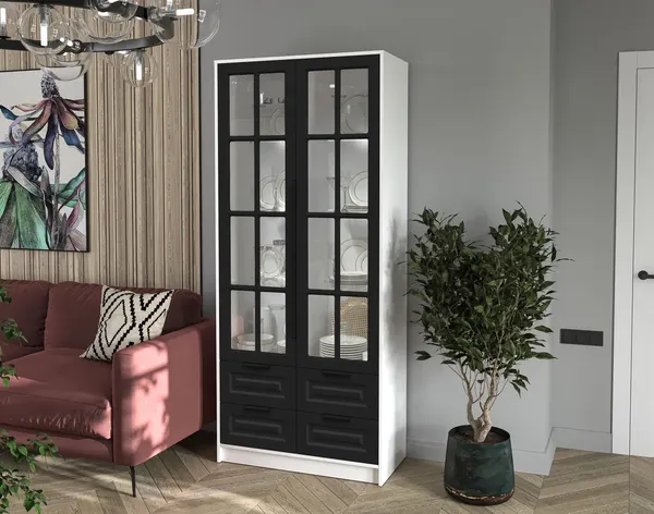 Изображение товара Шкаф с витриной Интерлиния Концепт КТ-ШВ2 с подсветкой Деко (белый платинум/черный)