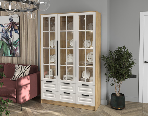 Изображение товара Шкаф с витриной Интерлиния Концепт КТ-ШВ3 с подсветкой Деко (дуб золотой/кашемир)