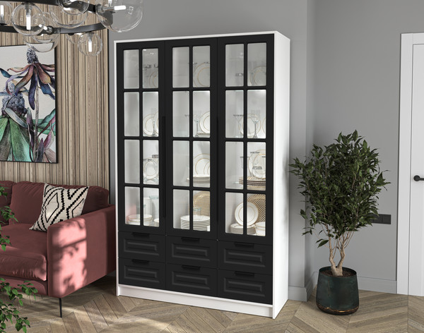 Изображение товара Шкаф с витриной Интерлиния Концепт КТ-ШВ3 с подсветкой Деко (белый платинум/черный)