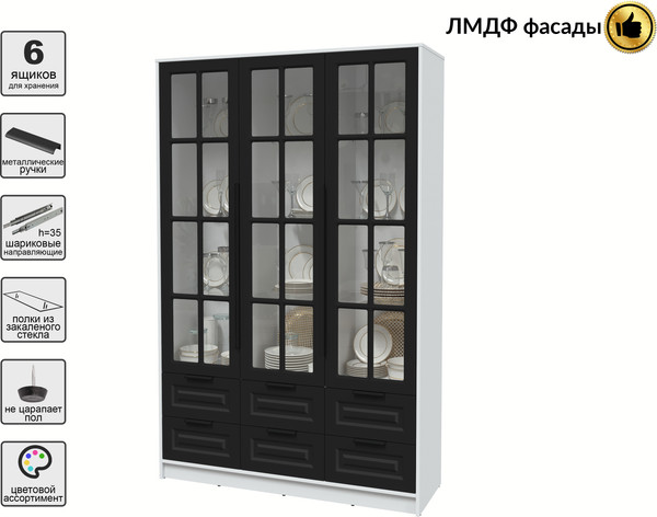 Изображение товара Шкаф с витриной Интерлиния Концепт КТ-ШВ3 Деко (белый платинум/черный)