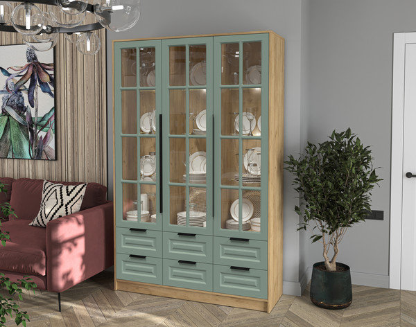 Изображение товара Шкаф с витриной Интерлиния Концепт КТ-ШВ3 с подсветкой Деко (дуб золотой/мята)