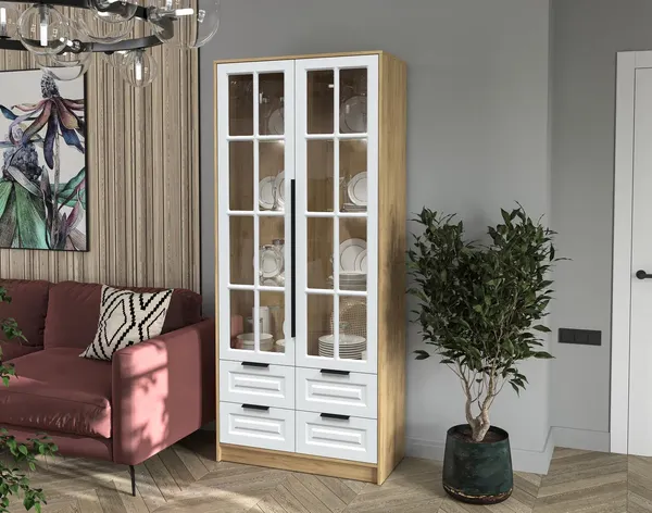 Изображение товара Шкаф с витриной Интерлиния Концепт КТ-ШВ2 с подсветкой Деко (дуб золотой/белый)