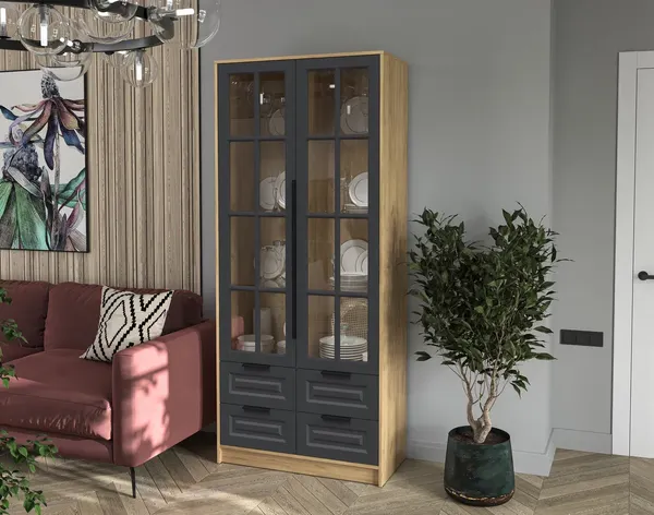Изображение товара Шкаф с витриной Интерлиния Концепт КТ-ШВ2 Деко (дуб золотой/пепел)