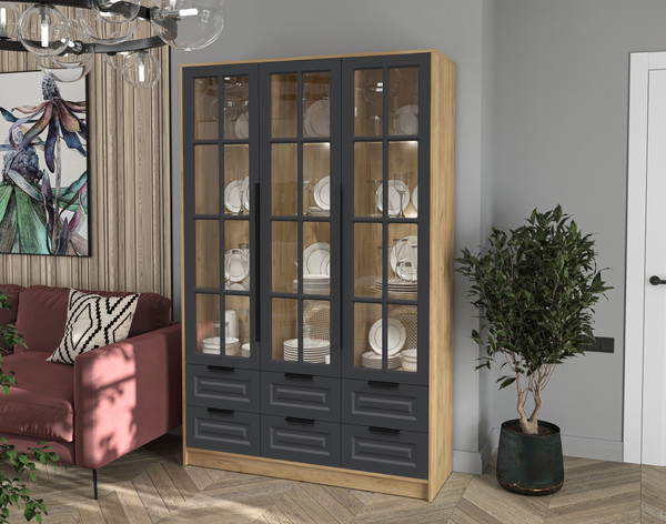 Изображение товара Шкаф с витриной Интерлиния Концепт КТ-ШВ3 с подсветкой Деко (дуб золотой/пепел)