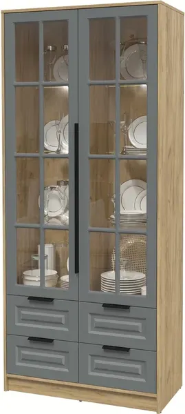 Изображение товара Шкаф с витриной Интерлиния Концепт КТ-ШВ2 с подсветкой Деко (дуб золотой/серый)