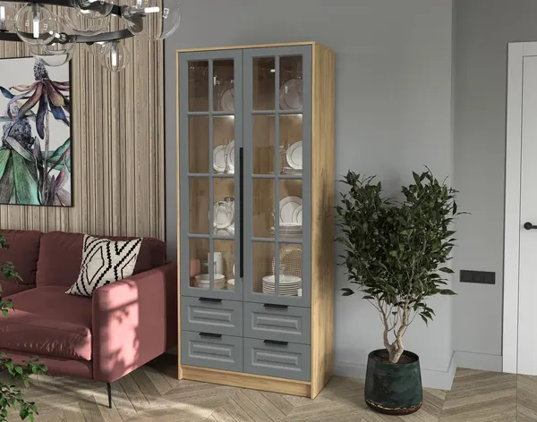Изображение товара Шкаф с витриной Интерлиния Концепт КТ-ШВ2 с подсветкой Деко (дуб золотой/серый)