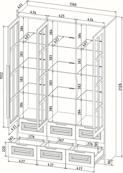 Изображение товара Шкаф с витриной Интерлиния Концепт КТ-ШВ3 с подсветкой Деко (дуб золотой/серый)