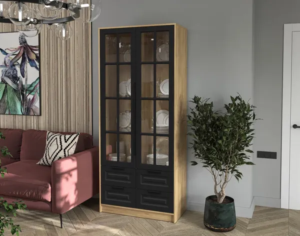 Изображение товара Шкаф с витриной Интерлиния Концепт КТ-ШВ2 Деко ( дуб золотой/черный)