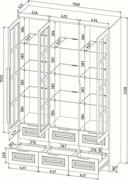 Изображение товара Шкаф с витриной Интерлиния Концепт КТ-ШВ3 с подсветкой Деко (дуб золотой/черный)