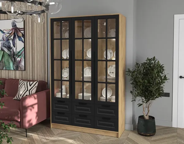 Изображение товара Шкаф с витриной Интерлиния Концепт КТ-ШВ3 с подсветкой Деко (дуб золотой/черный)