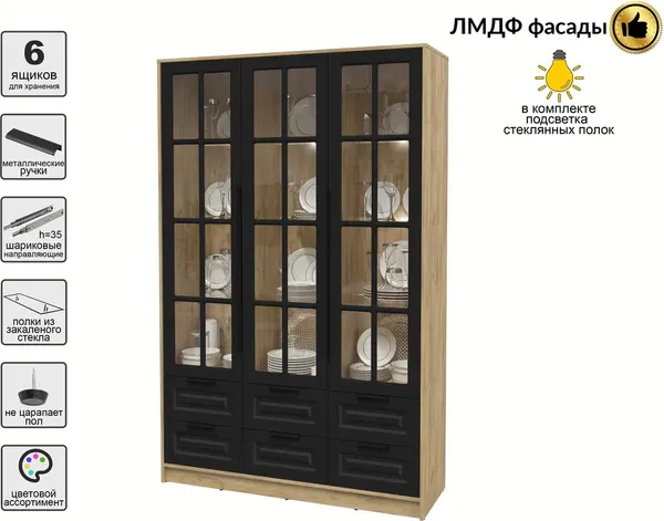 Изображение товара Шкаф с витриной Интерлиния Концепт КТ-ШВ3 с подсветкой Деко (дуб золотой/черный)