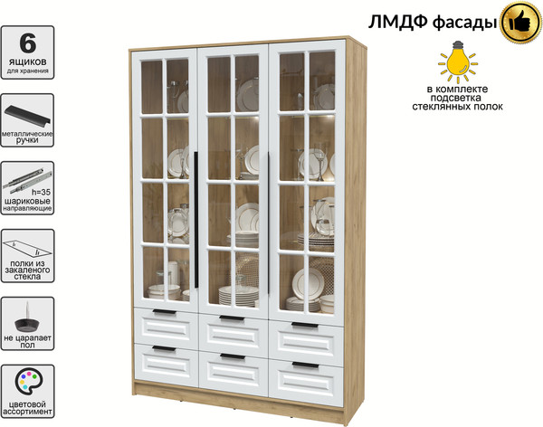 Изображение товара Шкаф с витриной Интерлиния Концепт КТ-ШВ3 с подсветкой Деко (дуб золотой/белый)