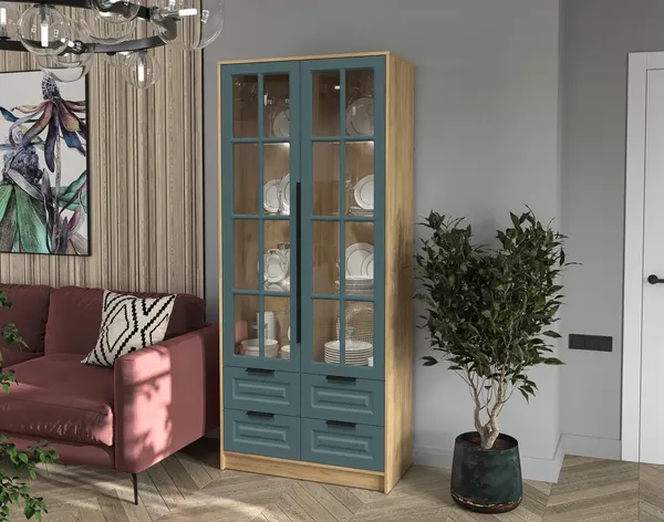 Изображение товара Шкаф с витриной Интерлиния  Концепт КТ-ШВ2 с подсветкой Деко (дуб золотой/верде)