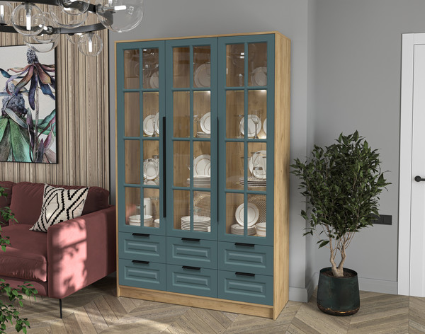 Изображение товара Шкаф с витриной Интерлиния Концепт КТ-ШВ3 с подсветкой Деко (дуб золотой/верде)