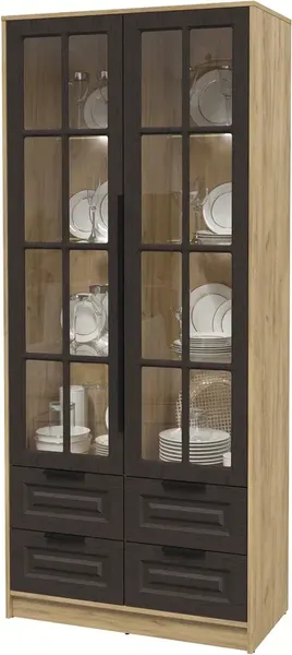 Изображение товара Шкаф с витриной Интерлиния Концепт КТ-ШВ2 с подсветкой Деко (дуб золотой/дуб английский)