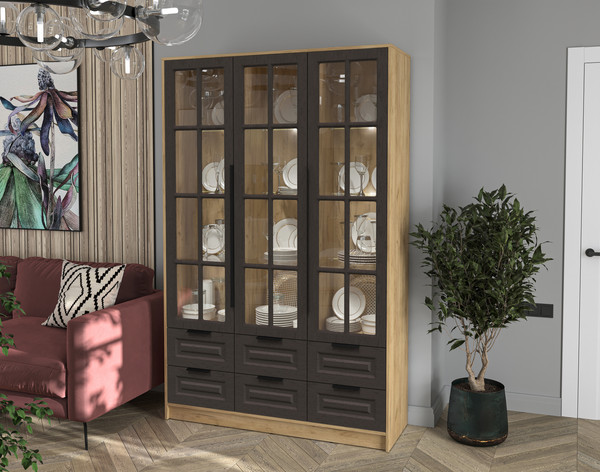 Изображение товара Шкаф с витриной Интерлиния Концепт КТ-ШВ3 с подсветкой Деко (дуб золотой/дуб английский)