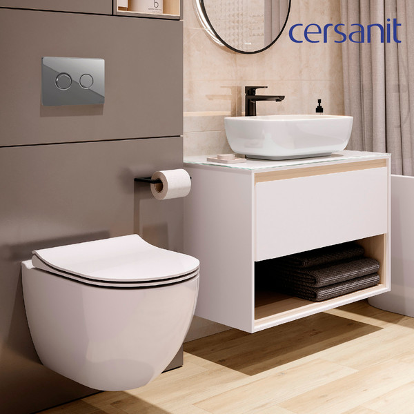 Изображение товара Унитаз подвесной с инсталляцией Cersanit Brasko Smart DPL EO Slim + Aqua 50 Prime P / 69319 (с кнопкой Accento Circle хром глянцевый)
