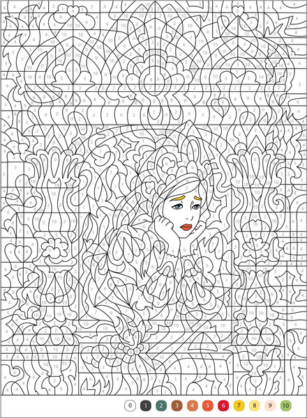 Изображение товара Раскраска-антистресс Мозаика-Синтез Цветовой код. Раскрась по номерам. Принцессы и царевны / МС14598 (мягкая обложка)