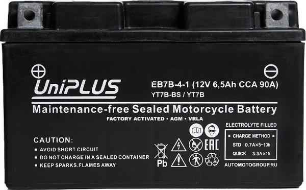 Изображение товара Мотоаккумулятор UniPLUS HP 6.5 Ah (1) 90A YT7B-BS / EB7B-4-1 (6.5А/ч)