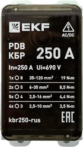 Изображение товара Распределительный блок на DIN-рейку EKF PROxima КБР 250A / kbr250-rus