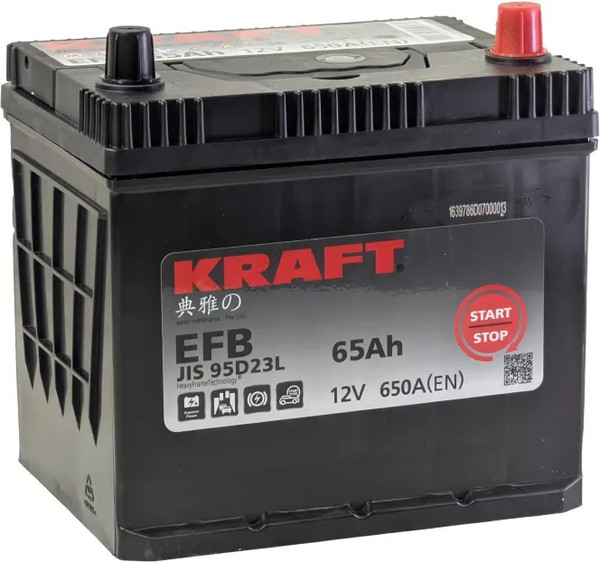 Изображение товара Автомобильный аккумулятор KrafT EFB Asia JR 650A с бортом / EFB-D23 (65 А/ч)