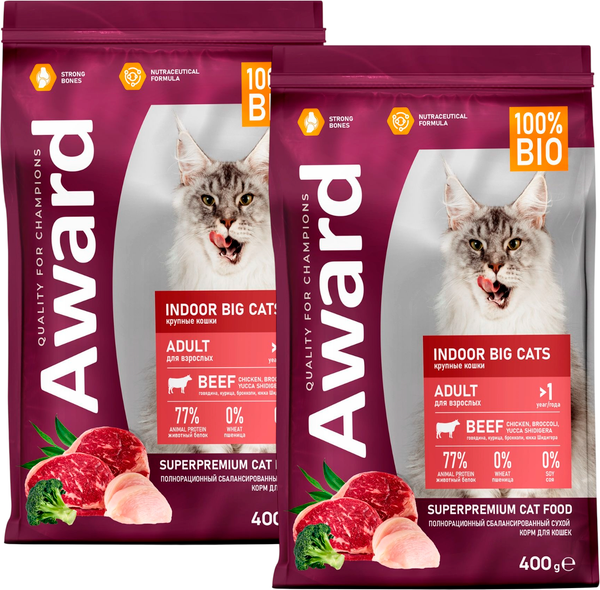 Изображение товара Сухой корм для кошек Award Indoor Big Cats с говядиной и курицей с доб. брокколи / 7173693 (400+400г)