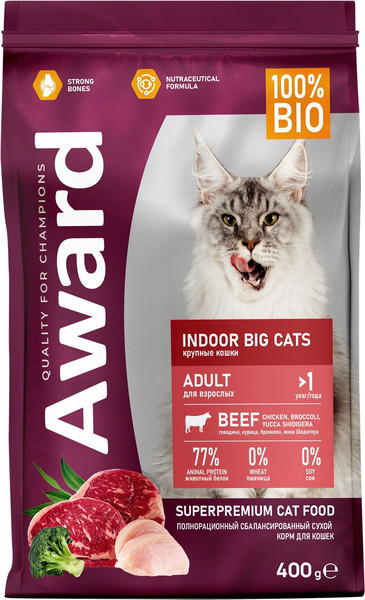 Изображение товара Сухой корм для кошек Award Indoor Big Cats с говядиной и курицей с доб. брокколи / 7173693 (400+400г)