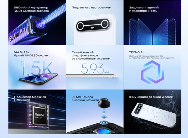 Изображение товара Смартфон Tecno Spark Slim 8GB/256GB (Cool Black)