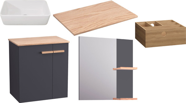 Изображение товара Комплект мебели для ванной Lauter Adri тумба, столешница, раковина 21674A (органайзер 23 см, зеркало, 59 см, антрацит)