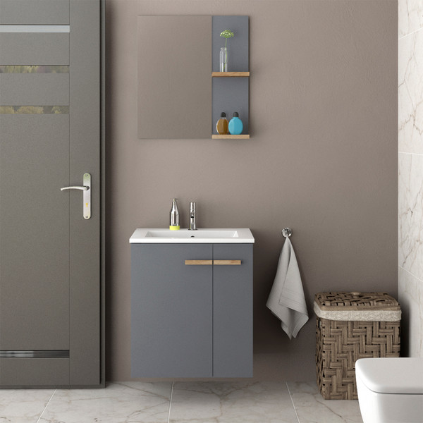 Изображение товара Комплект мебели для ванной Lauter Adri тумба, столешница, раковина 21674A (органайзер 23 см, зеркало, 59 см, антрацит)