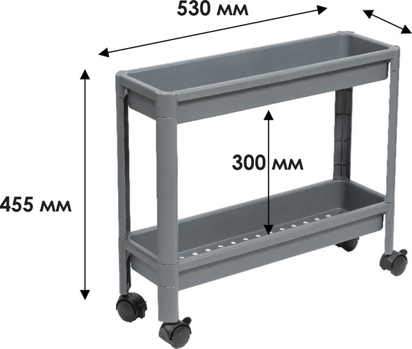 Изображение товара Этажерка Violet Vikea узкая 2-х ярусная на колесах / 782218 (серый)